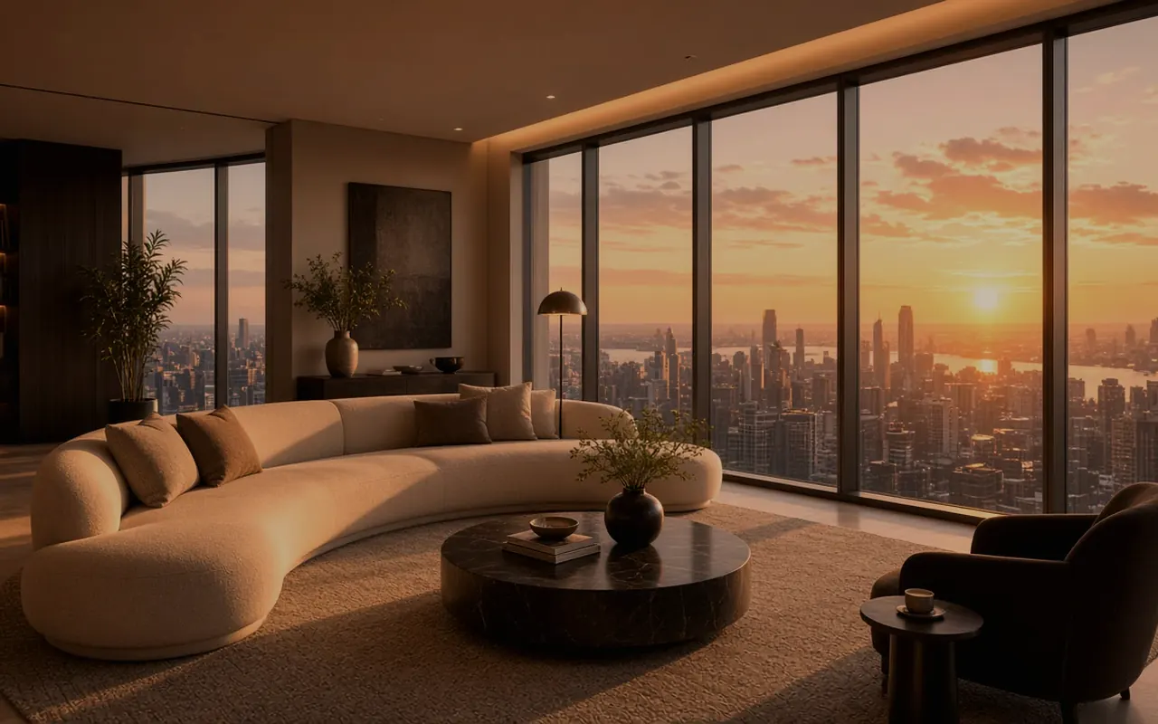 Warm evening lounge of a high-floor harbour suite, curved sofa facing a city skyline