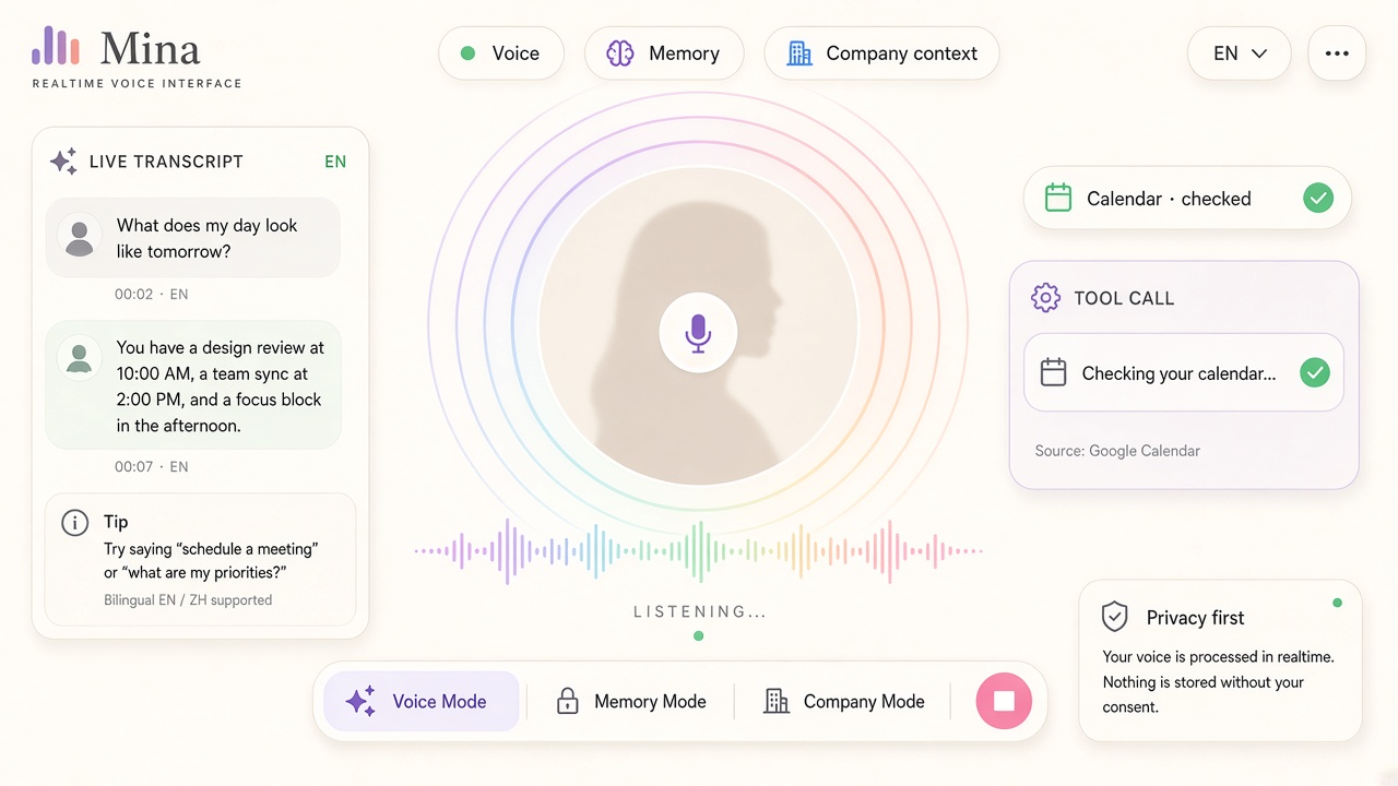 Mina digital human voice interface proof screenshot